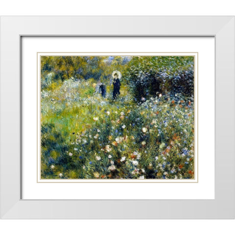 Woman with a Parasol in a Garden White Modern Wood Framed Art Print with Double Matting by Renoir, Pierre-Auguste