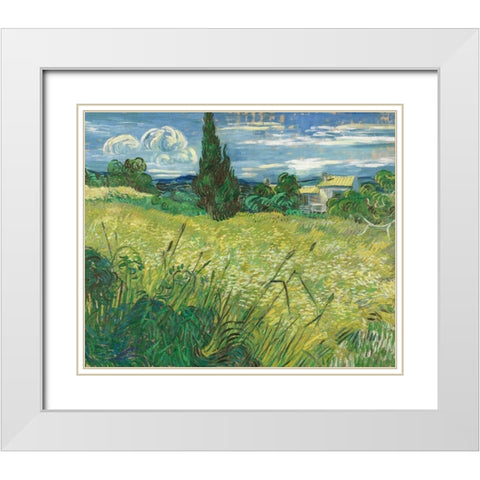 Green Field White Modern Wood Framed Art Print with Double Matting by van Gogh, Vincent