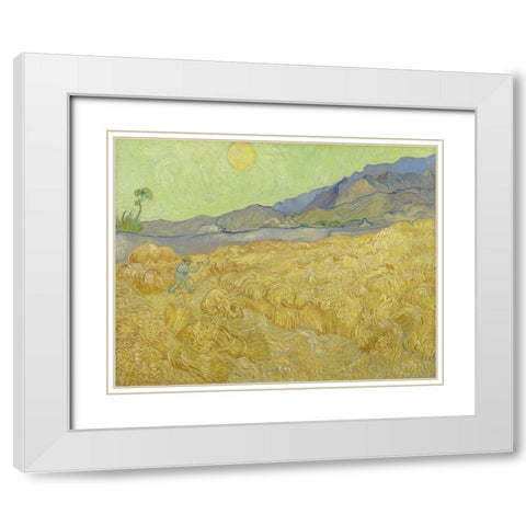 Wheatfield with a reaper White Modern Wood Framed Art Print with Double Matting by van Gogh, Vincent