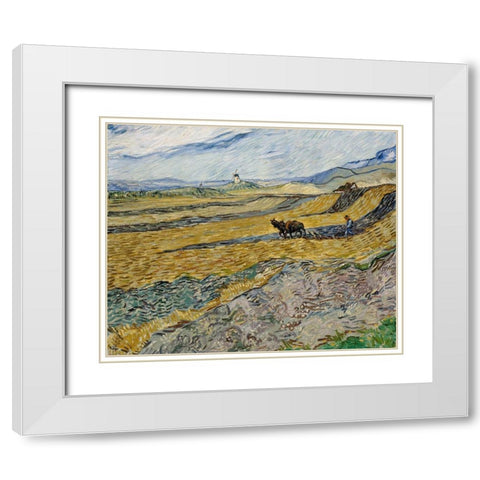 Enclosed Field with Ploughman White Modern Wood Framed Art Print with Double Matting by van Gogh, Vincent