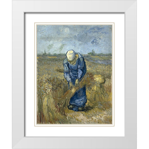 Peasant woman binding sheaves White Modern Wood Framed Art Print with Double Matting by van Gogh, Vincent