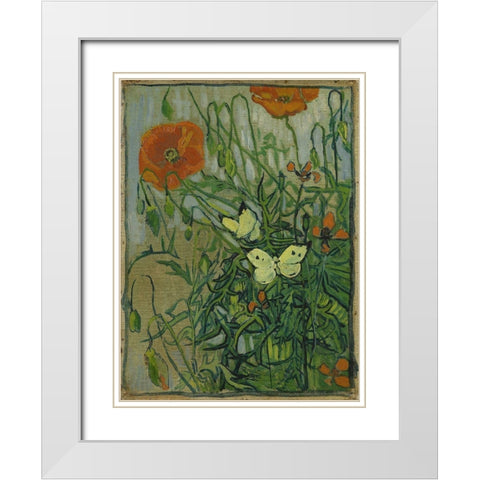 Butterflies and poppies White Modern Wood Framed Art Print with Double Matting by van Gogh, Vincent