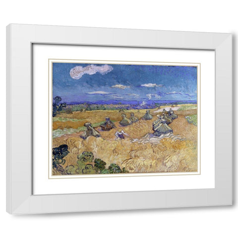Wheat Stacks with Reaper White Modern Wood Framed Art Print with Double Matting by van Gogh, Vincent