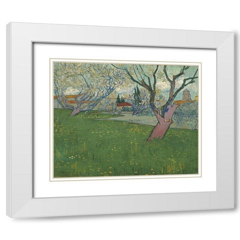 Orchards in blossom, view of Arles White Modern Wood Framed Art Print with Double Matting by van Gogh, Vincent