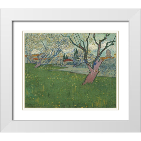 Orchards in blossom, view of Arles White Modern Wood Framed Art Print with Double Matting by van Gogh, Vincent