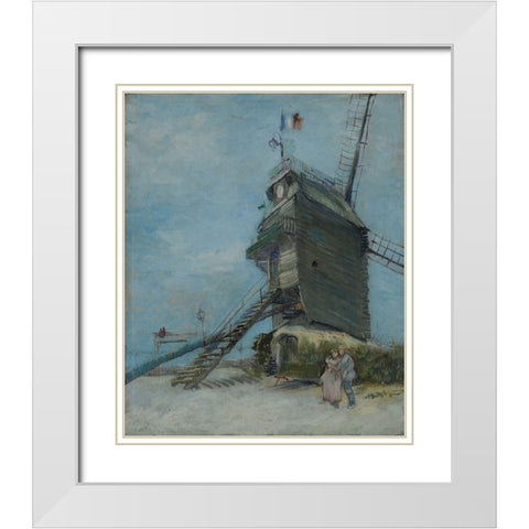 Le Moulin de la Galette White Modern Wood Framed Art Print with Double Matting by van Gogh, Vincent