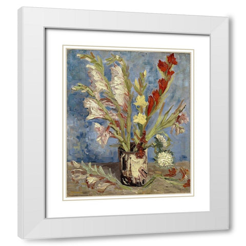 Vase with gladioli and China asters White Modern Wood Framed Art Print with Double Matting by van Gogh, Vincent