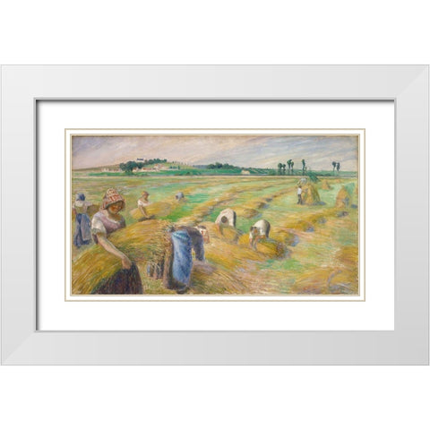 The Harvest White Modern Wood Framed Art Print with Double Matting by Pissarro, Camille