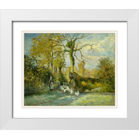 The Goose Girl at MontfoucaultÂ  White Modern Wood Framed Art Print with Double Matting by Pissarro, Camille
