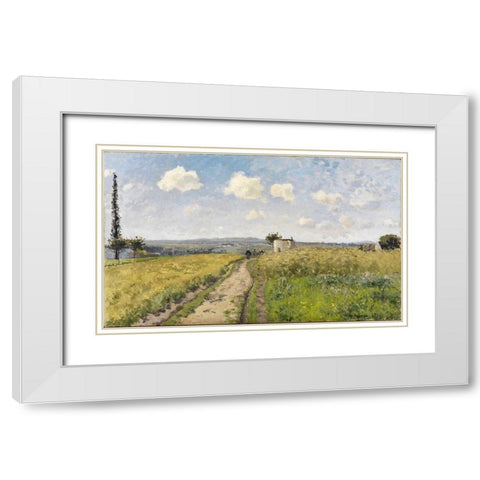 June Morning at Pontoise White Modern Wood Framed Art Print with Double Matting by Pissarro, Camille