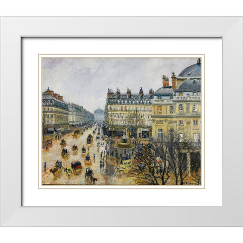 Place du Theatre Francais, Paris, Rain White Modern Wood Framed Art Print with Double Matting by Pissarro, Camille