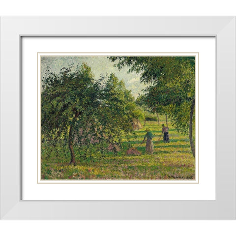 Apple trees and tedders, Eragny White Modern Wood Framed Art Print with Double Matting by Pissarro, Camille