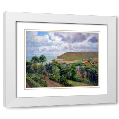 View of Berneval White Modern Wood Framed Art Print with Double Matting by Pissarro, Camille