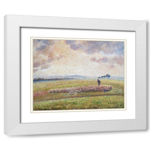 Landscape with Flock of Sheep White Modern Wood Framed Art Print with Double Matting by Pissarro, Camille