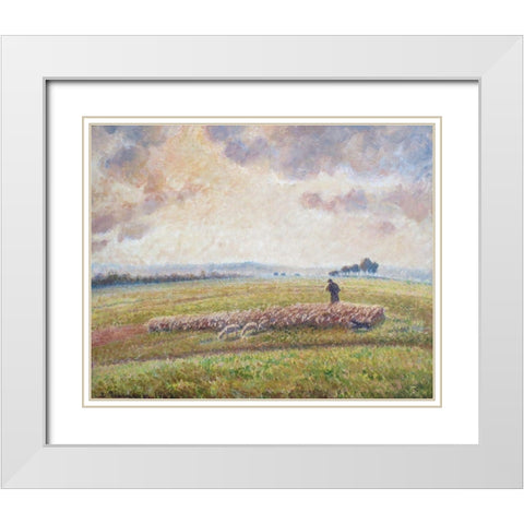 Landscape with Flock of Sheep White Modern Wood Framed Art Print with Double Matting by Pissarro, Camille