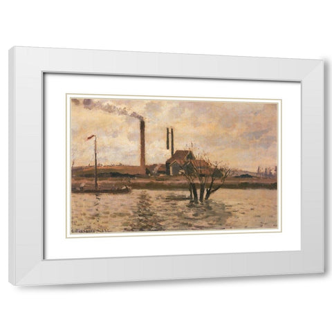Factory at Sr Ouen-lAumone, the Flood of the Oise White Modern Wood Framed Art Print with Double Matting by Pissarro, Camille