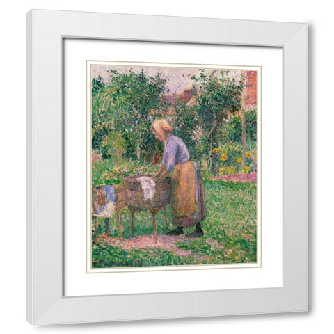 A Washerwoman at Eragny White Modern Wood Framed Art Print with Double Matting by Pissarro, Camille