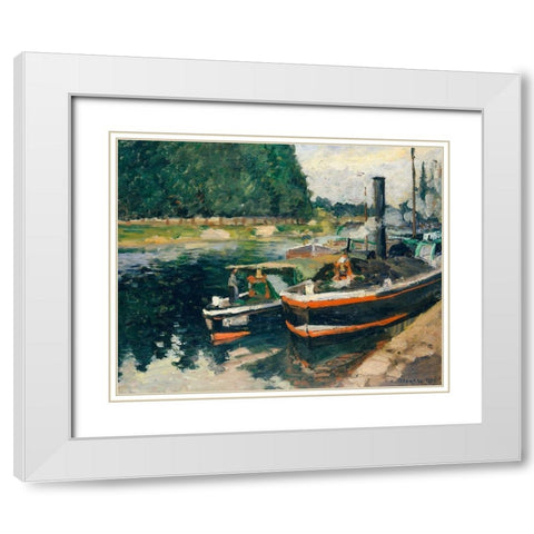 Barges at Pontoise White Modern Wood Framed Art Print with Double Matting by Pissarro, Camille