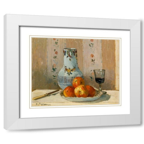 Still Life with Apples and Pitcher White Modern Wood Framed Art Print with Double Matting by Pissarro, Camille
