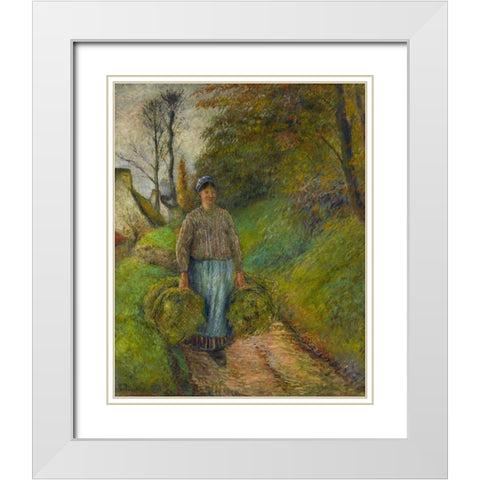 Peasant Woman Carrying Two Bundles of Hay White Modern Wood Framed Art Print with Double Matting by Pissarro, Camille