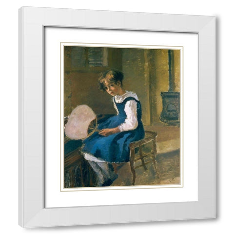 Jeanne Pissarro Called Minette Holding a Fan White Modern Wood Framed Art Print with Double Matting by Pissarro, Camille