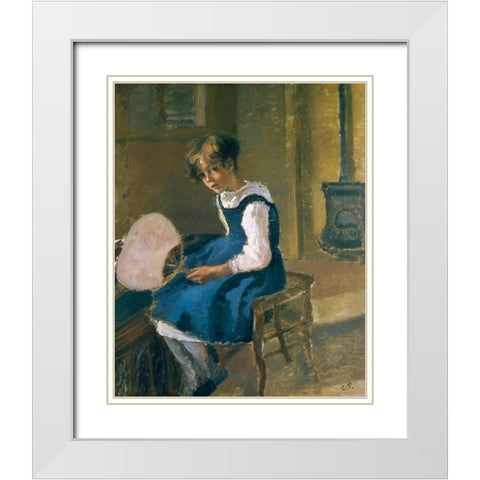Jeanne Pissarro Called Minette Holding a Fan White Modern Wood Framed Art Print with Double Matting by Pissarro, Camille