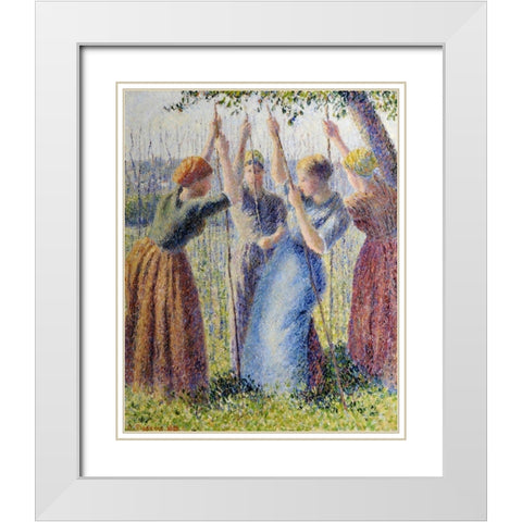 Peasant women planting White Modern Wood Framed Art Print with Double Matting by Pissarro, Camille