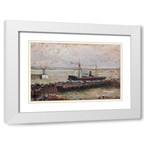 Entrance to the Harbour at Le Havre, Overcast Sky White Modern Wood Framed Art Print with Double Matting by Pissarro, Camille