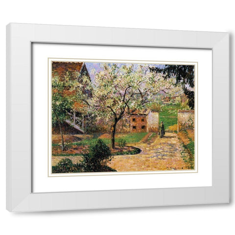 Plum Trees in Blossom, Eragny White Modern Wood Framed Art Print with Double Matting by Pissarro, Camille