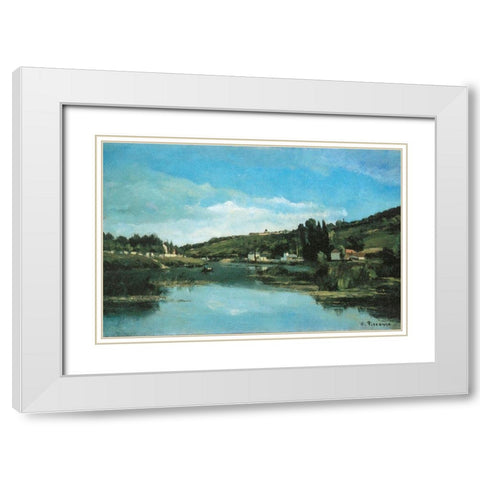The Marne at Chennevieres White Modern Wood Framed Art Print with Double Matting by Pissarro, Camille
