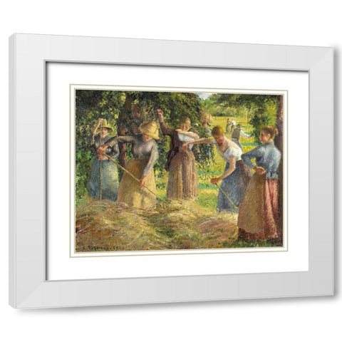 Hay Harvest at Eragny White Modern Wood Framed Art Print with Double Matting by Pissarro, Camille