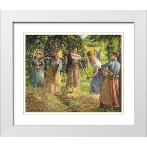 Hay Harvest at Eragny White Modern Wood Framed Art Print with Double Matting by Pissarro, Camille
