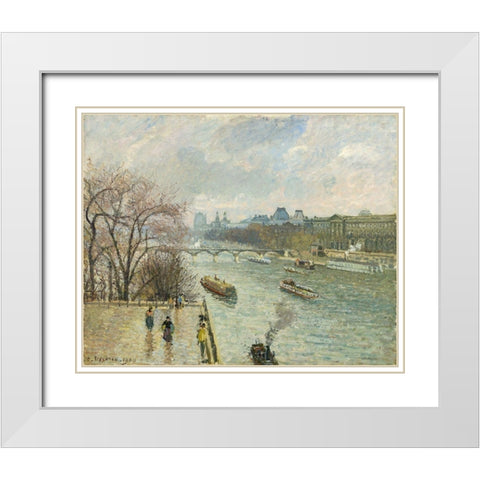 The Louvre, Afternoon, Rainy Weather White Modern Wood Framed Art Print with Double Matting by Pissarro, Camille