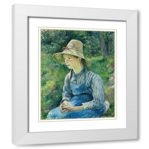 Peasant Girl with a Straw Hat White Modern Wood Framed Art Print with Double Matting by Pissarro, Camille