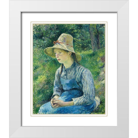 Peasant Girl with a Straw Hat White Modern Wood Framed Art Print with Double Matting by Pissarro, Camille