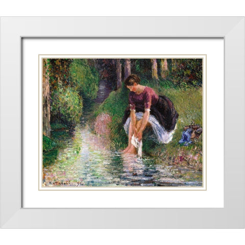 Woman Washing Her Feet in a Brook White Modern Wood Framed Art Print with Double Matting by Pissarro, Camille