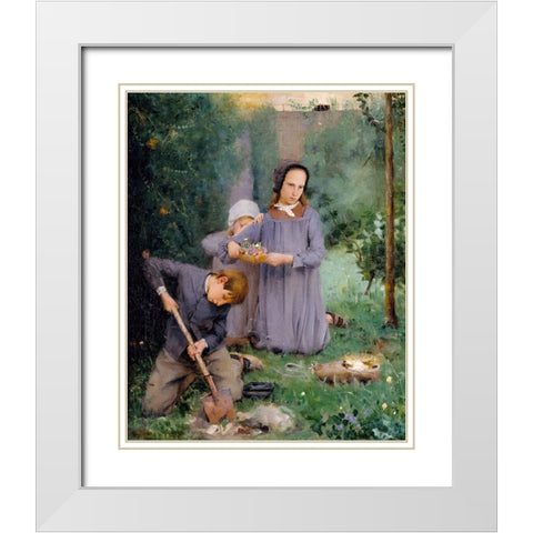 Children Burying a Bird White Modern Wood Framed Art Print with Double Matting by Weir, J Alden