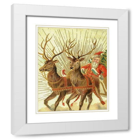 Christmas postcard of Santa Claus and his reindeer White Modern Wood Framed Art Print with Double Matting by Souvenir Post Card Company, New York