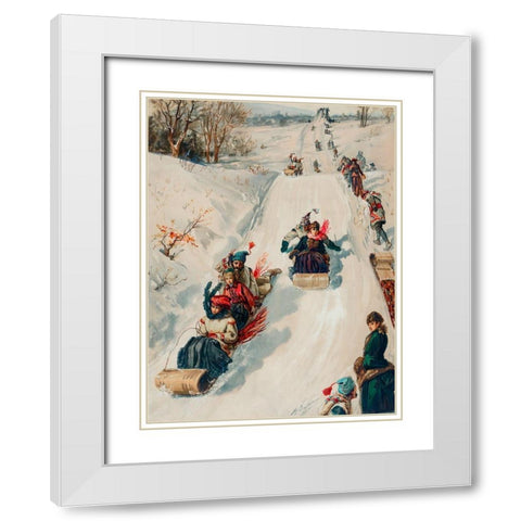 Tobogganing White Modern Wood Framed Art Print with Double Matting by L. Prang & Co