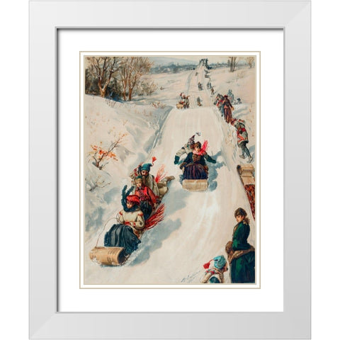 Tobogganing White Modern Wood Framed Art Print with Double Matting by L. Prang & Co