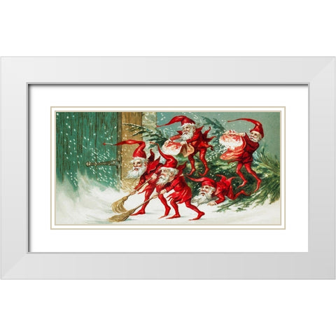 Santa elves sweeping snowÂ  White Modern Wood Framed Art Print with Double Matting by Wallach, Miriam and Ira D