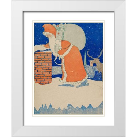 Vintage Santa Claus at Chimney White Modern Wood Framed Art Print with Double Matting by John Church Co