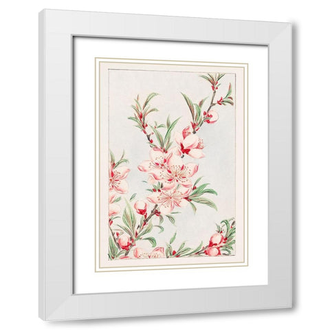 Peach tree branches with leaves and blossoms White Modern Wood Framed Art Print with Double Matting by Morikaga, Megata