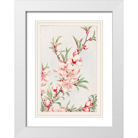 Peach tree branches with leaves and blossoms White Modern Wood Framed Art Print with Double Matting by Morikaga, Megata