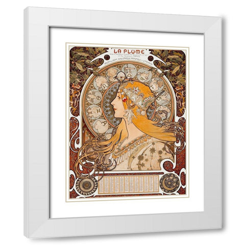 Zodiaque or La Plume White Modern Wood Framed Art Print with Double Matting by Mucha, Alphonse