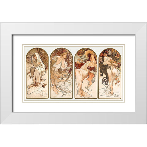 The Seasons White Modern Wood Framed Art Print with Double Matting by Mucha, Alphonse