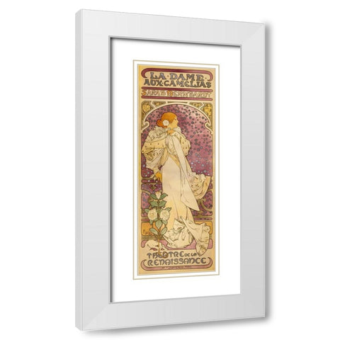 La Dame aux Camelias - Sarah Bernhardt White Modern Wood Framed Art Print with Double Matting by Mucha, Alphonse