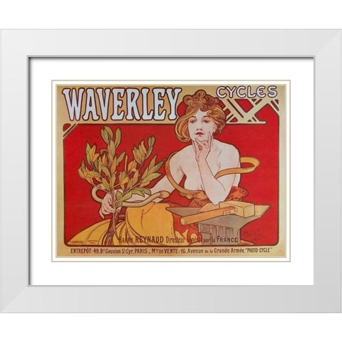Cycles Waverley White Modern Wood Framed Art Print with Double Matting by Mucha, Alphonse