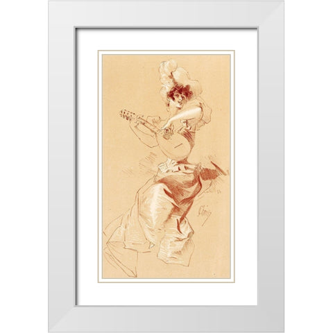 Dessin originel 1895 Lady with Guitar White Modern Wood Framed Art Print with Double Matting by Cheret, Jules