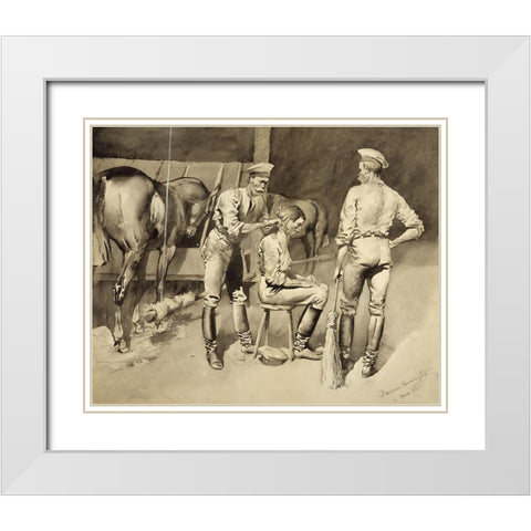 A Haircut in a Cavalry Stable White Modern Wood Framed Art Print with Double Matting by Remington, Frederic